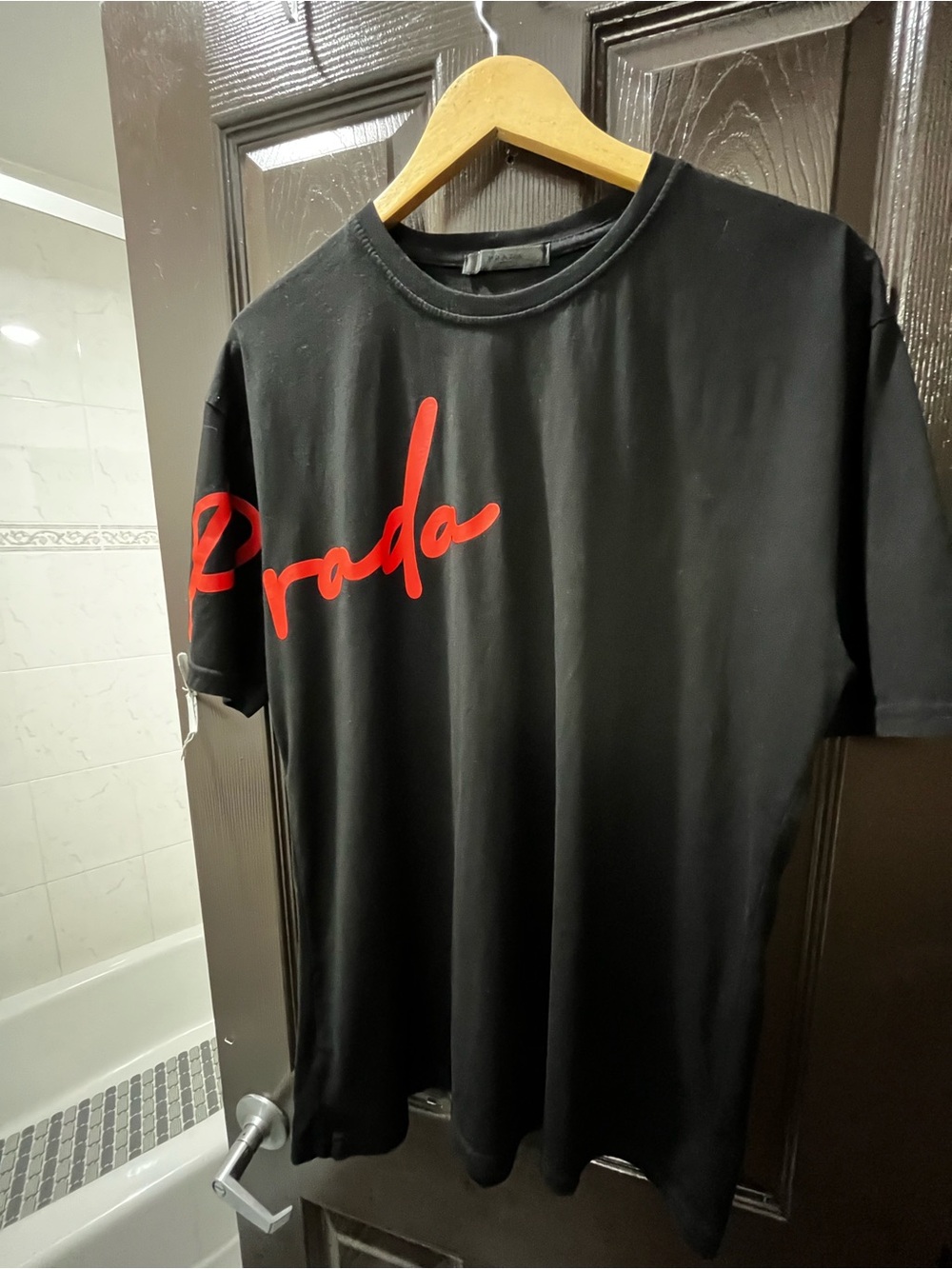 Prada Black Tee with Red Script Signature